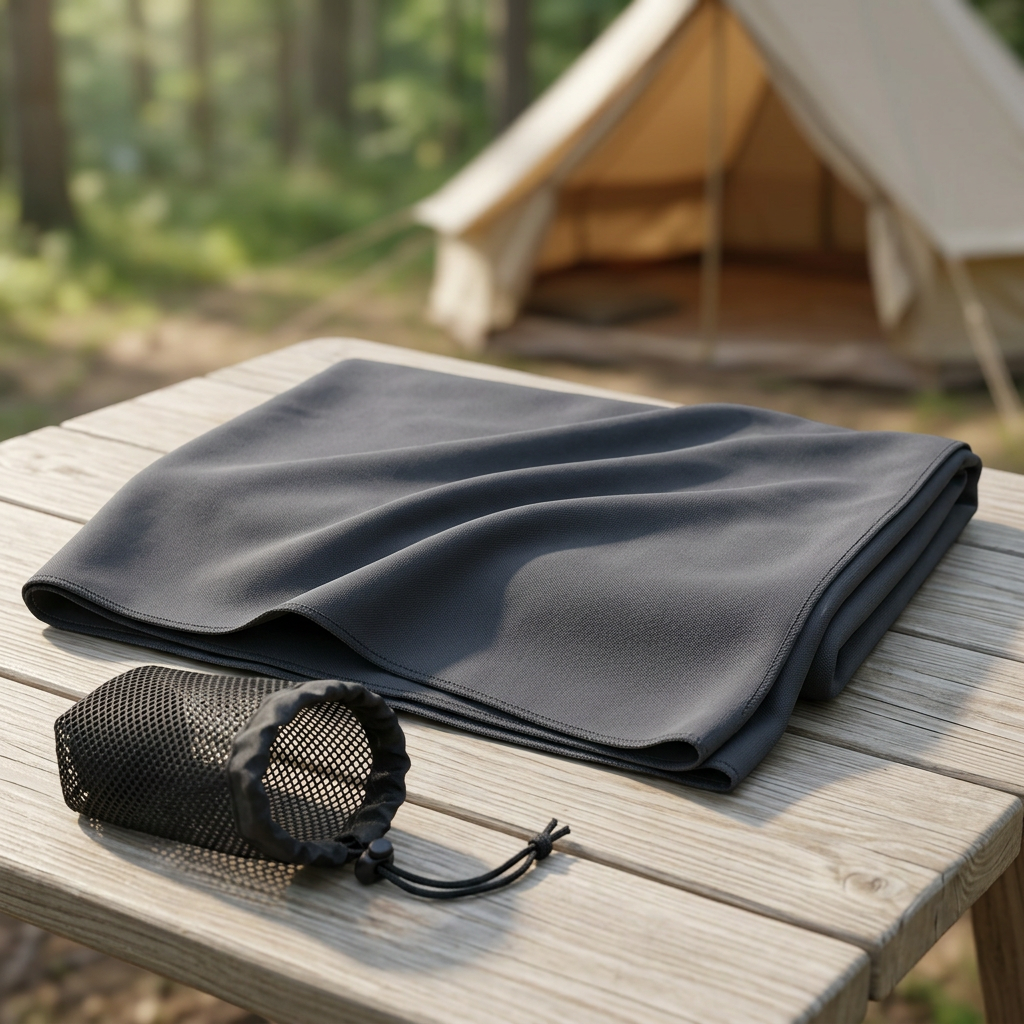 Microfibre travel towel in a camping setting