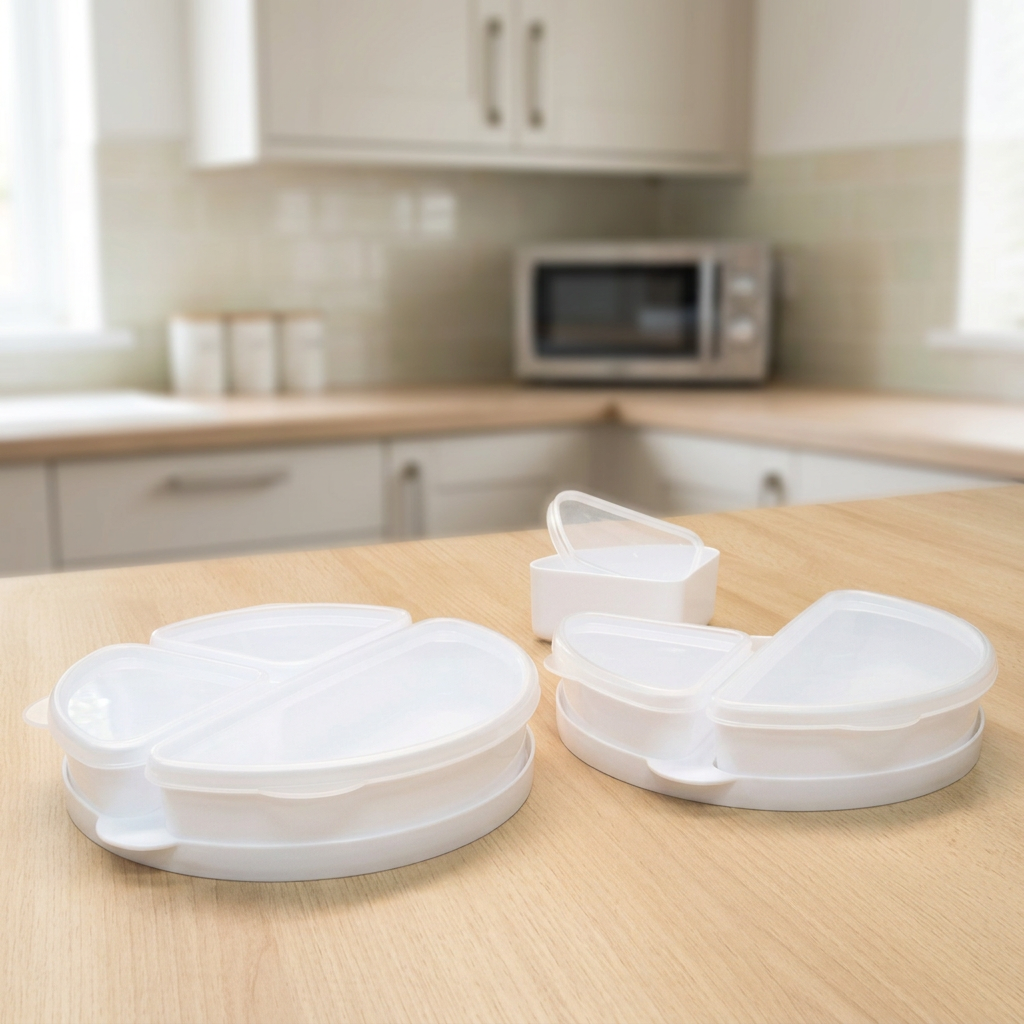 Microwave cooking containers on a kitchen worktop