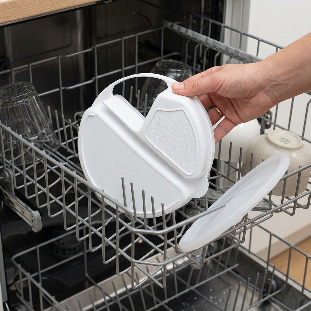 Microwave dish placed upside down on a dishwasher’s top rack