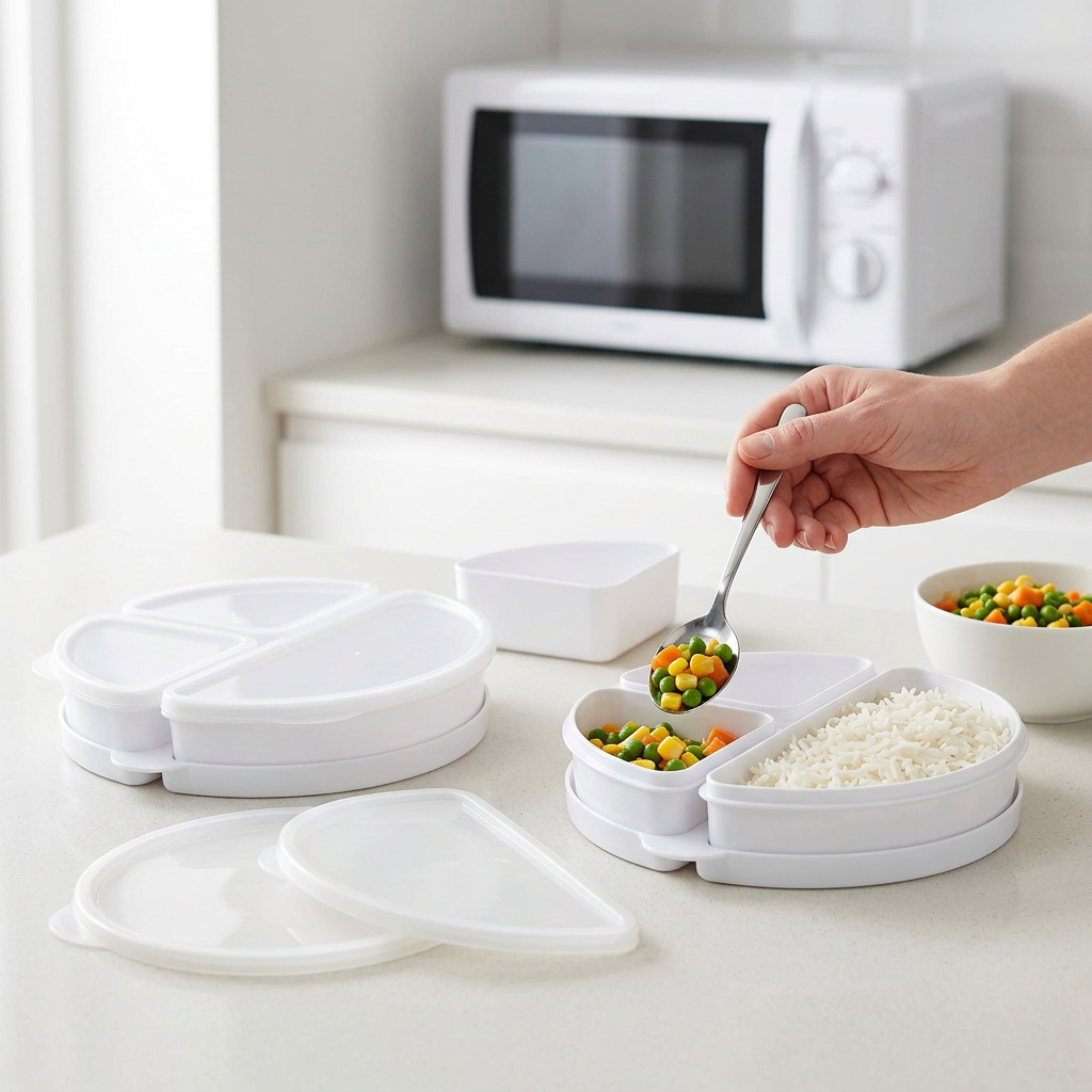 Microwave dishes being used to prepare meals for two