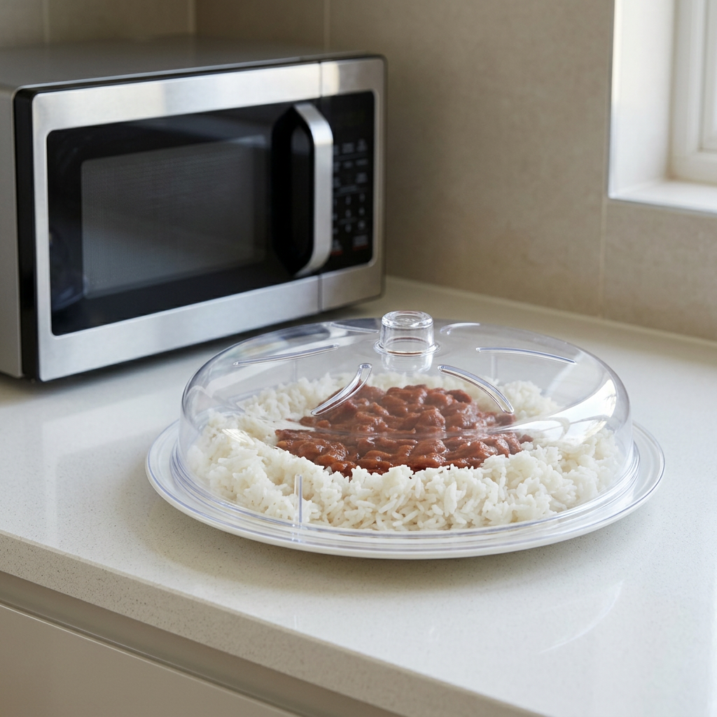 Microwave plate cover on a kitchen worktop beside a microwave
