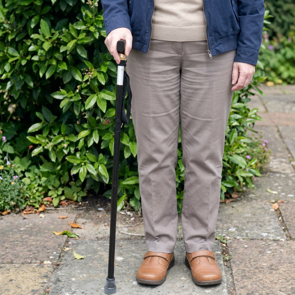 Older adult holding the walking stick on a garden path
