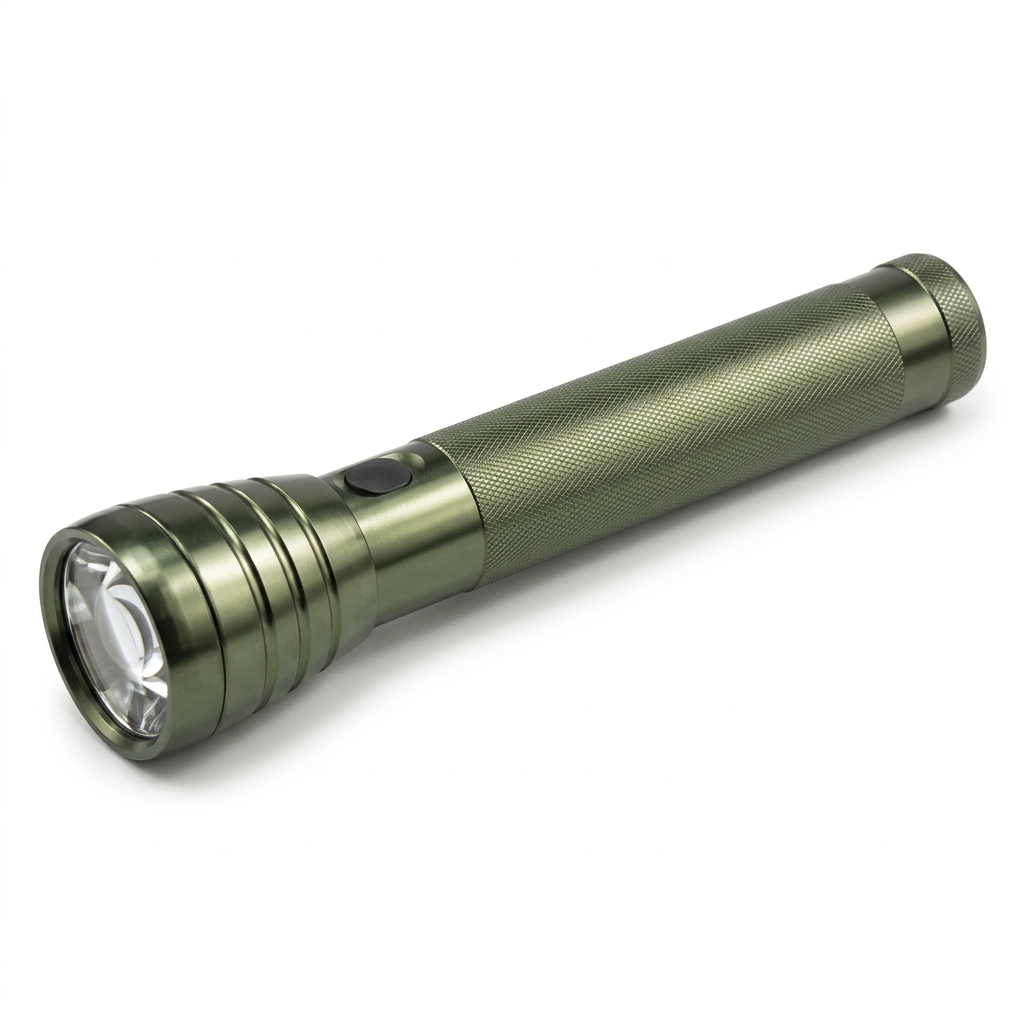 Olive-green XP Pro flashlight on white