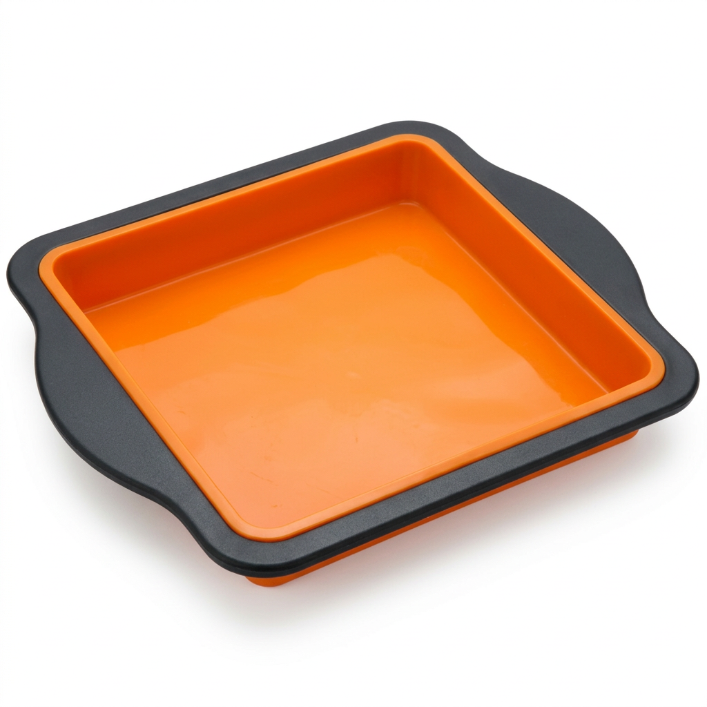 Orange and black silicone square cake pan on white
