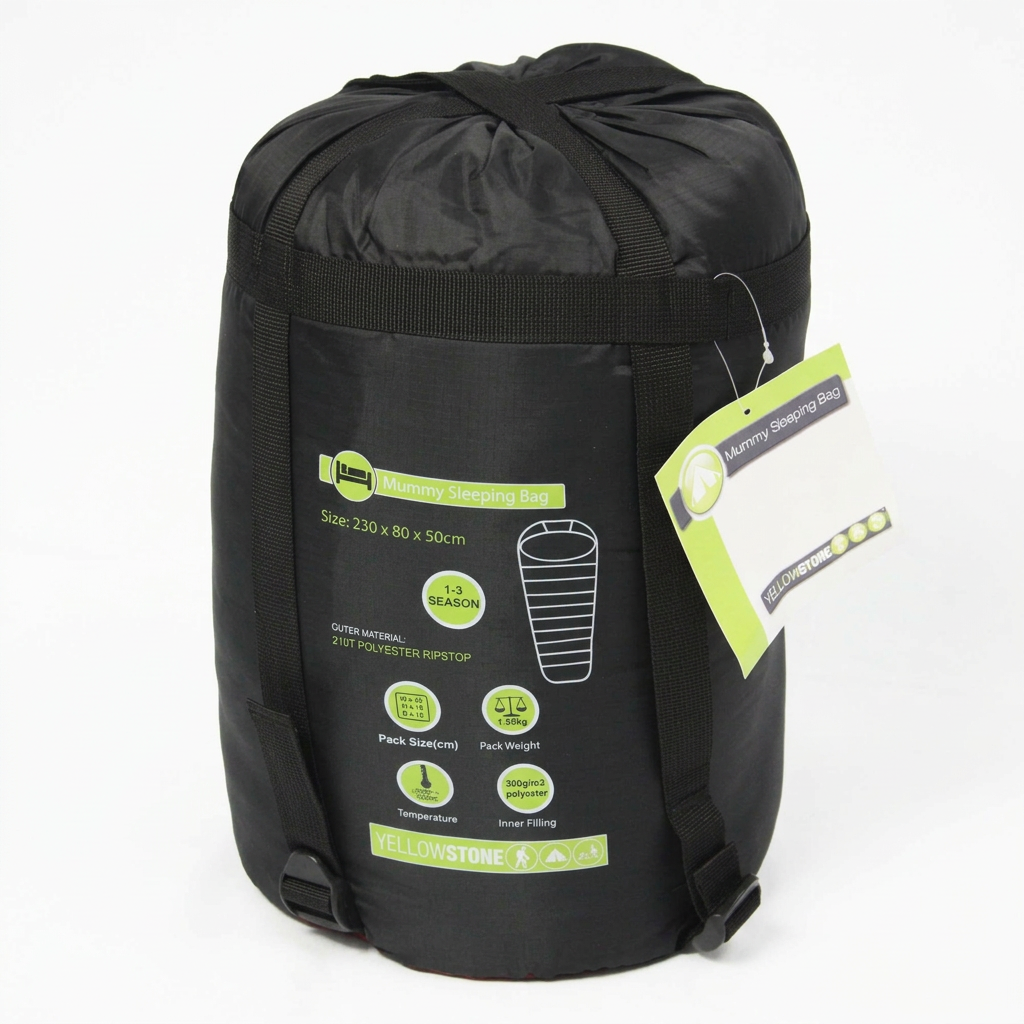Packed mummy sleeping bag on white