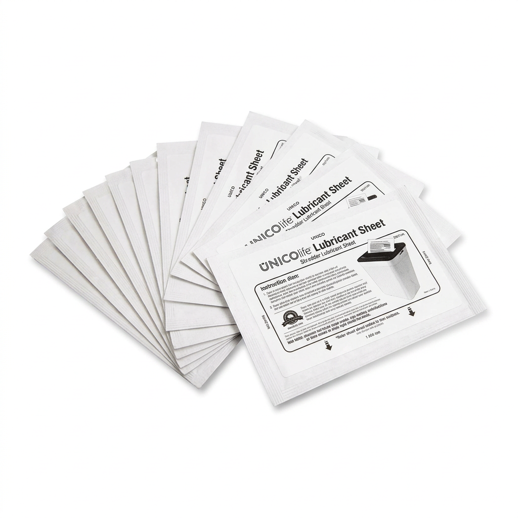 Paper shredder lubrication sachets on white