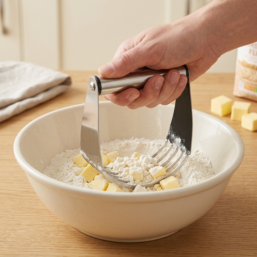 Pastry blender in use cutting butter into flour