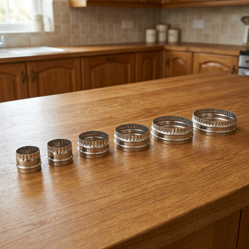 Pastry cutters shown at a smaller scale on a spacious kitchen worktop