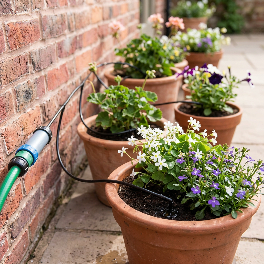 Patio drip watering kit supplying potted plants