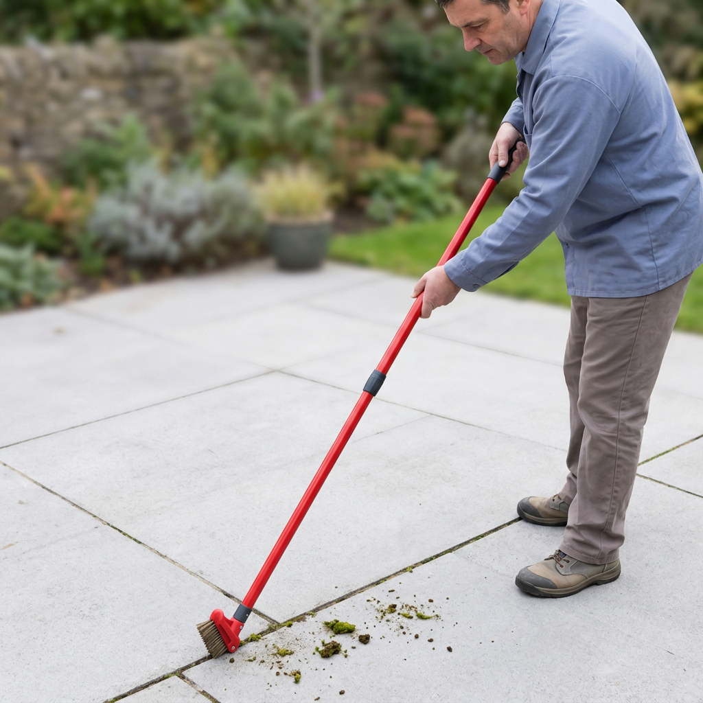 Patio weed brush shown clearly in use by a different gardener