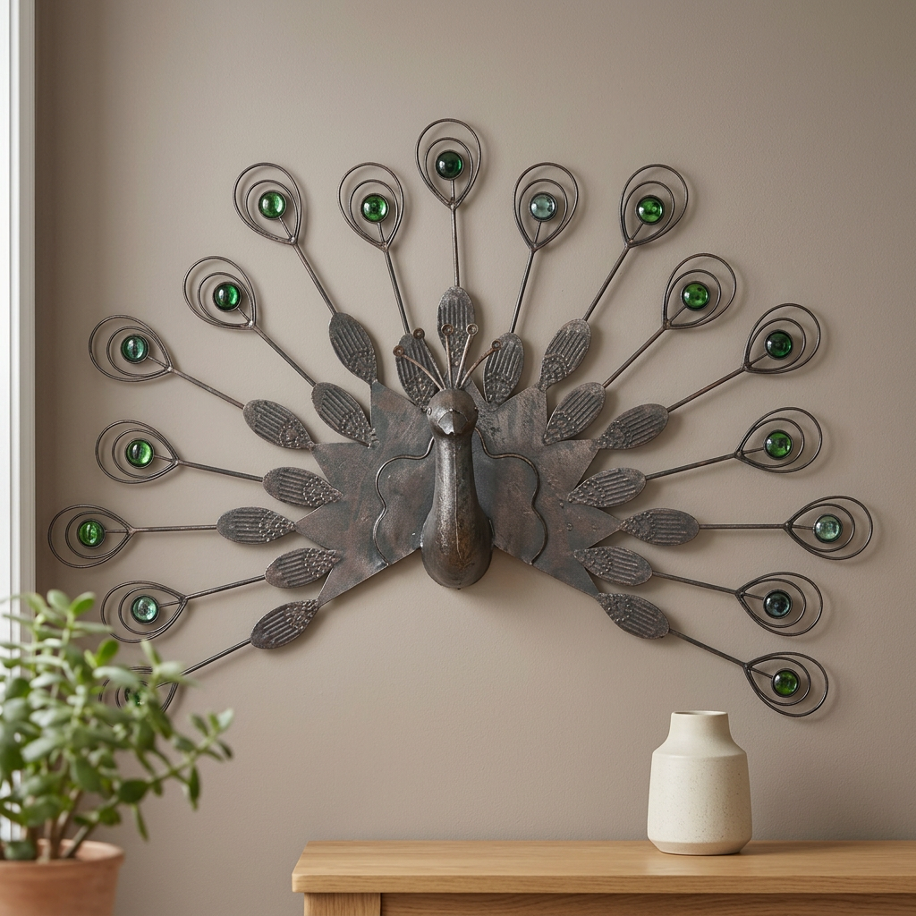 Peacock wall art in a cosy living room