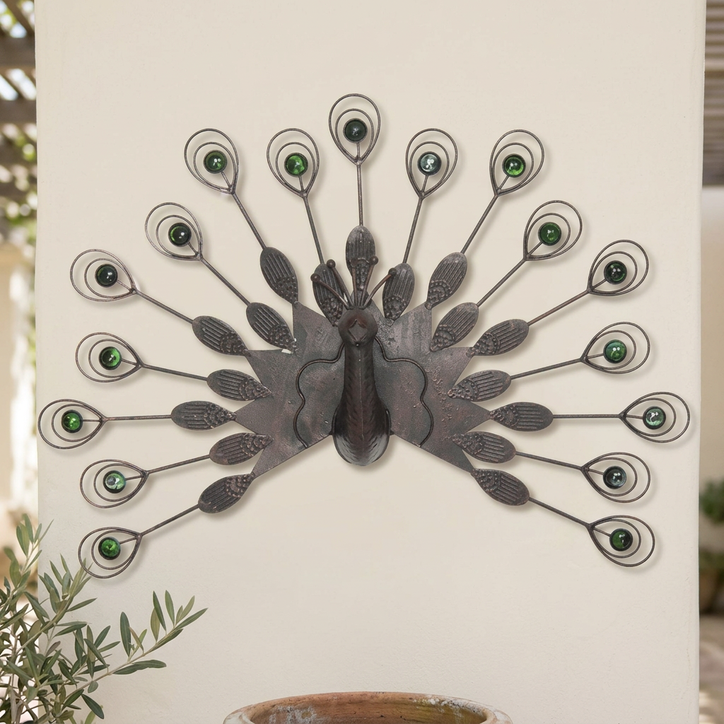 Peacock wall art in a garden courtyard setting