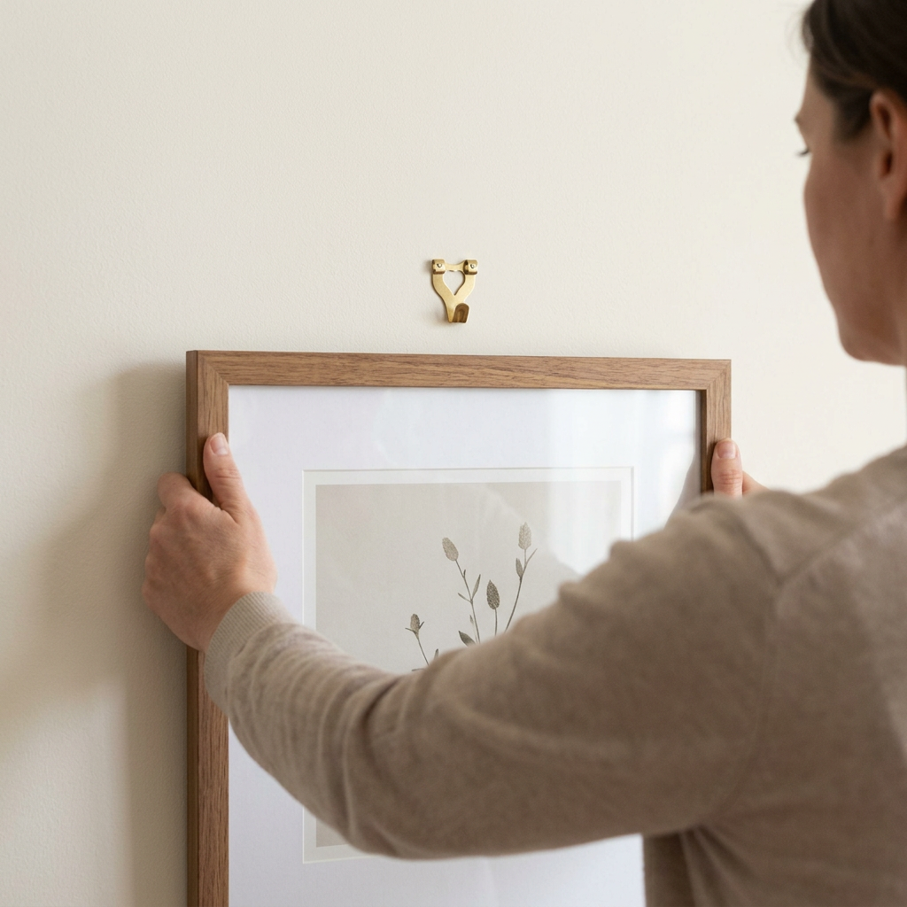 Person positioning a picture frame beneath a small wall hook