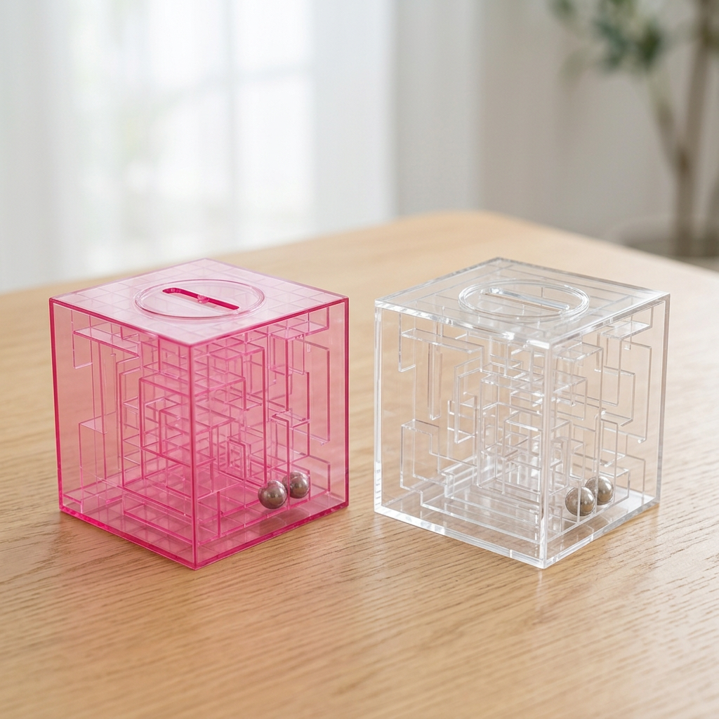 Pink and clear puzzle money banks together on an oak table