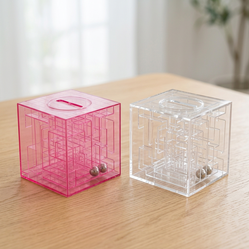 Pink and clear puzzle money banks together on an oak table