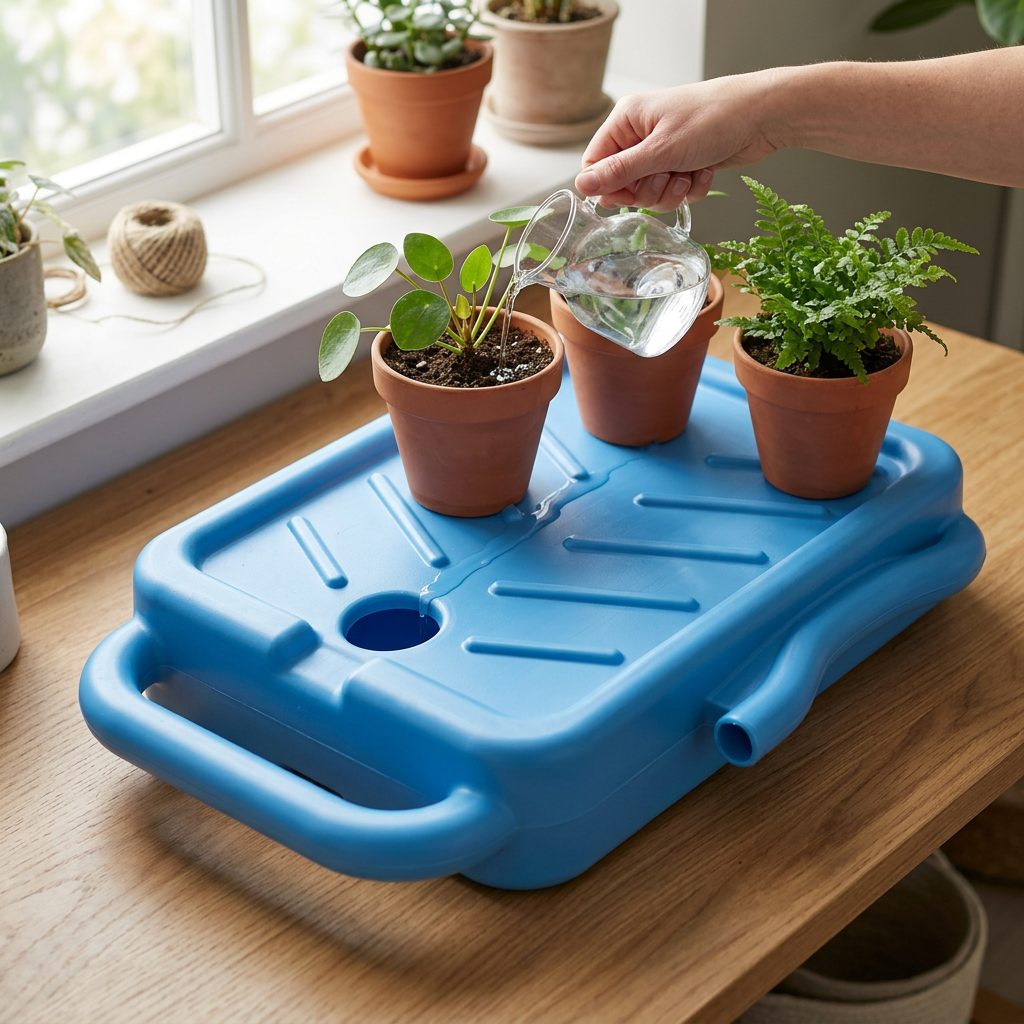 Plant drip tray collecting excess water beneath pots