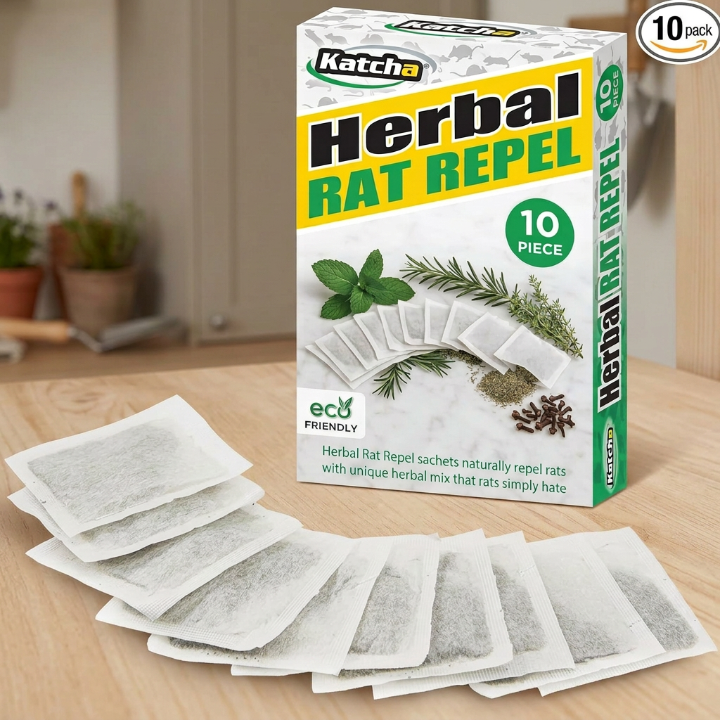 Rat repellent box and sachets fully supported on a broad wooden tabletop