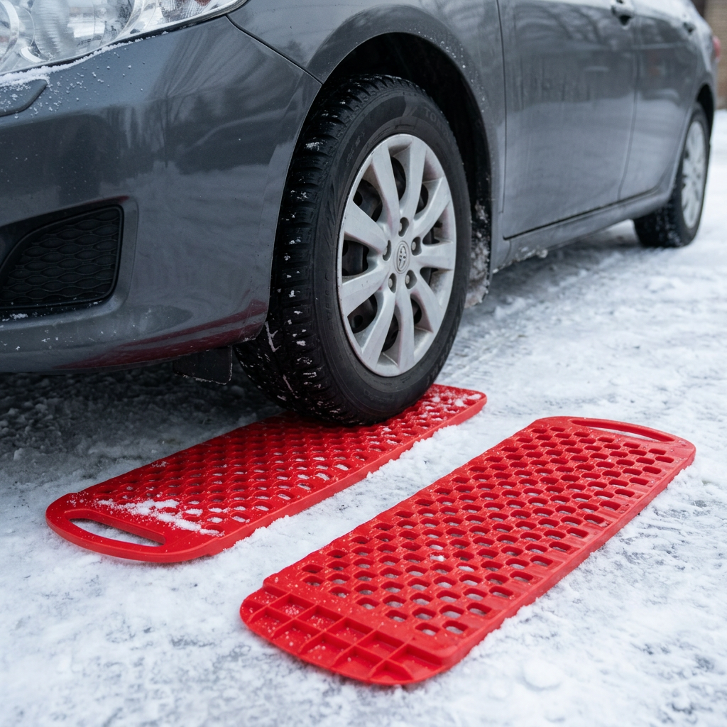 Red emergency traction mats beside a car tyre on a snowy driveway