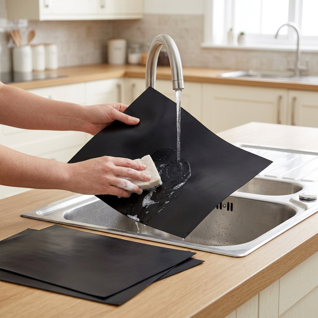 Reusable oven liner being washed in a kitchen sink