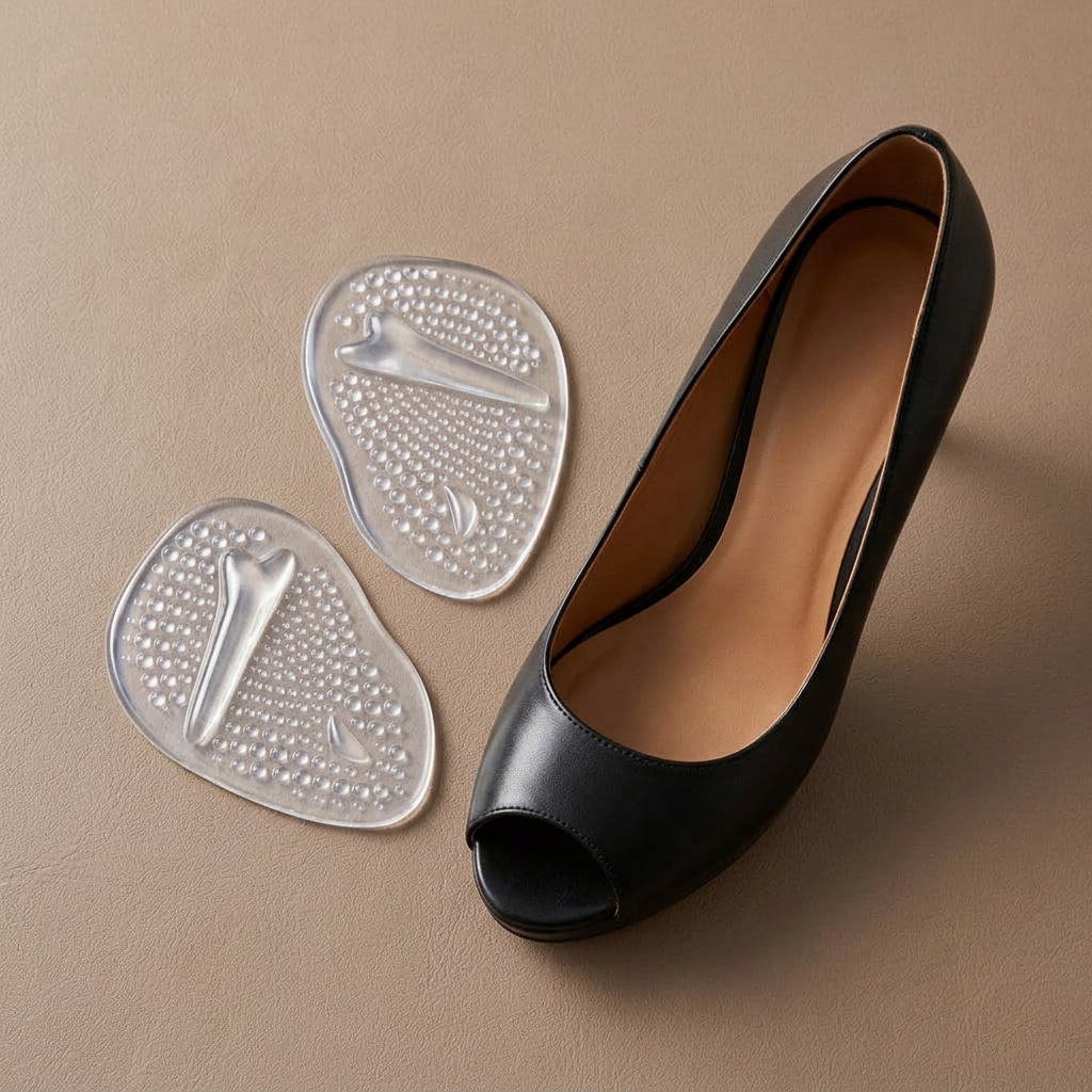 Revised lifestyle image showing one pair of gel cushions beside an empty shoe