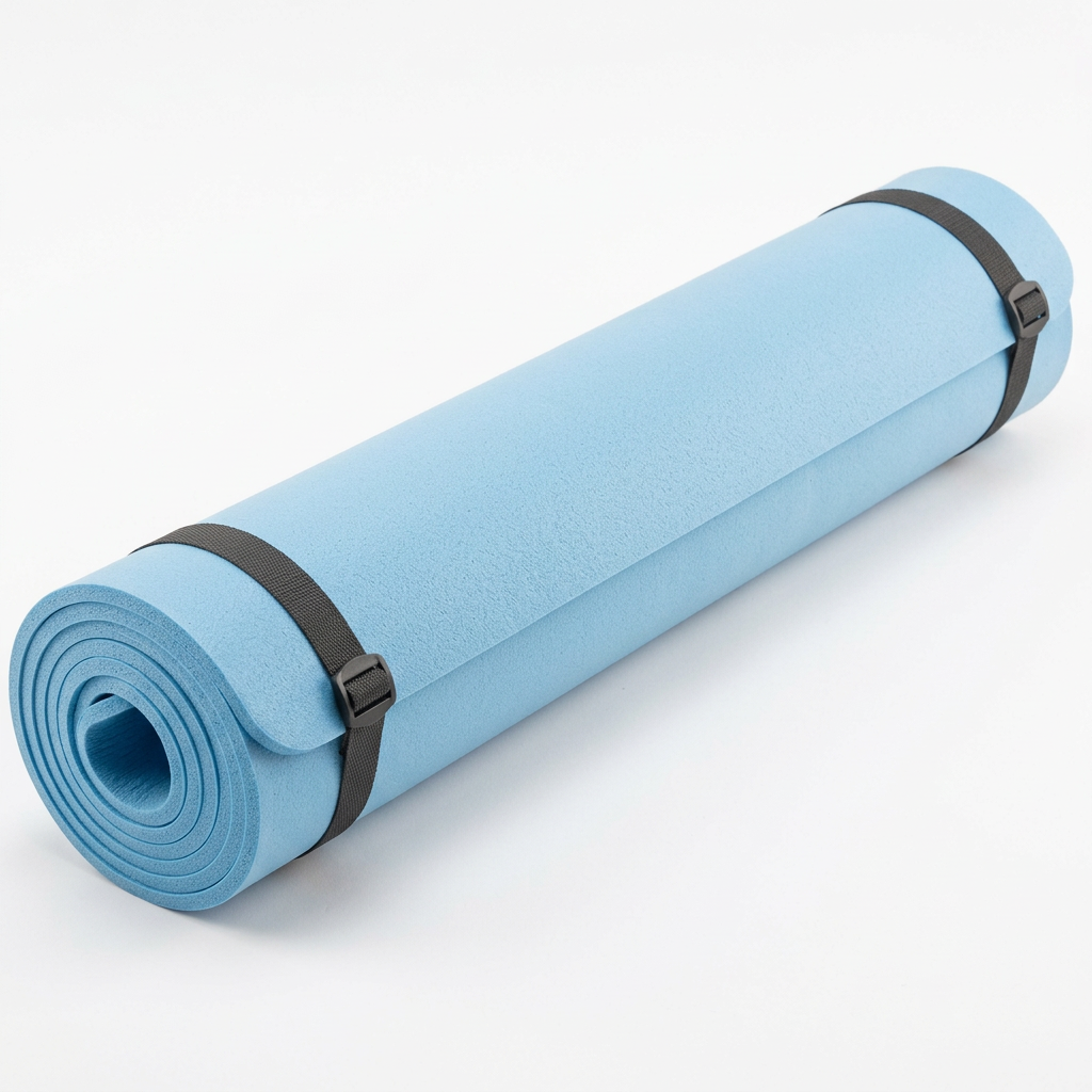 Rolled blue EVA camping mat with retaining straps