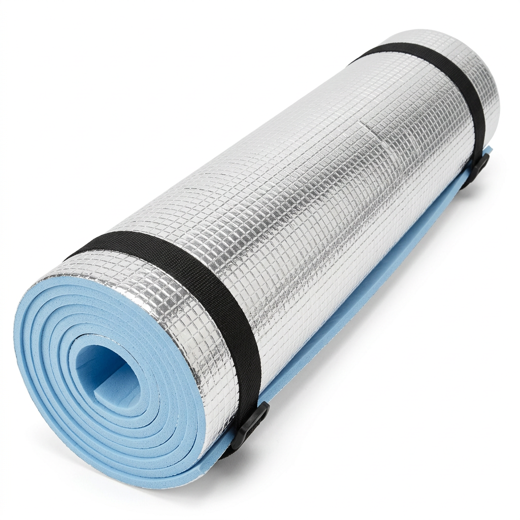 Rolled insulated camping mat on white