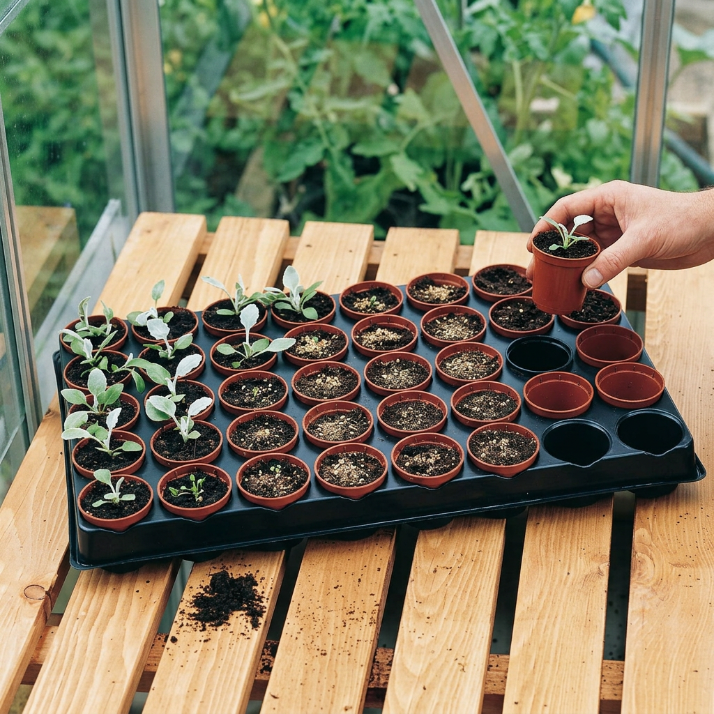 Seed and cutting tray in use on a greenhouse bench