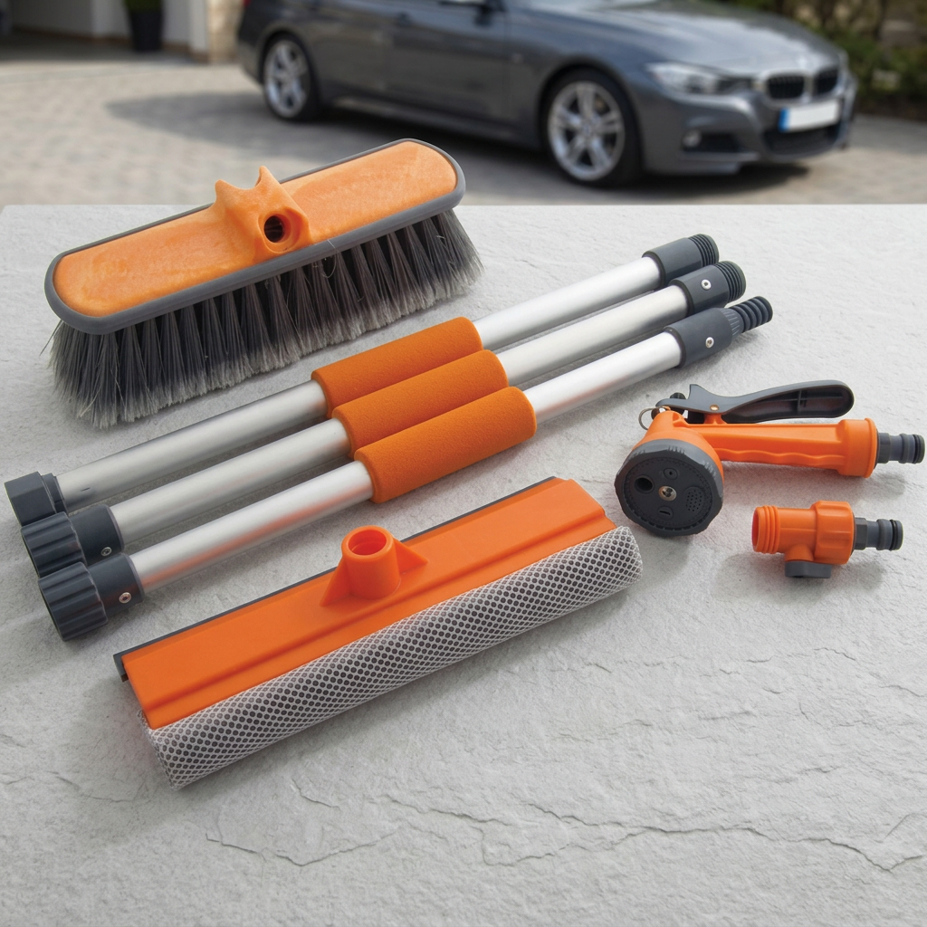 Seven-piece car washing and cleaning set in a driveway setting
