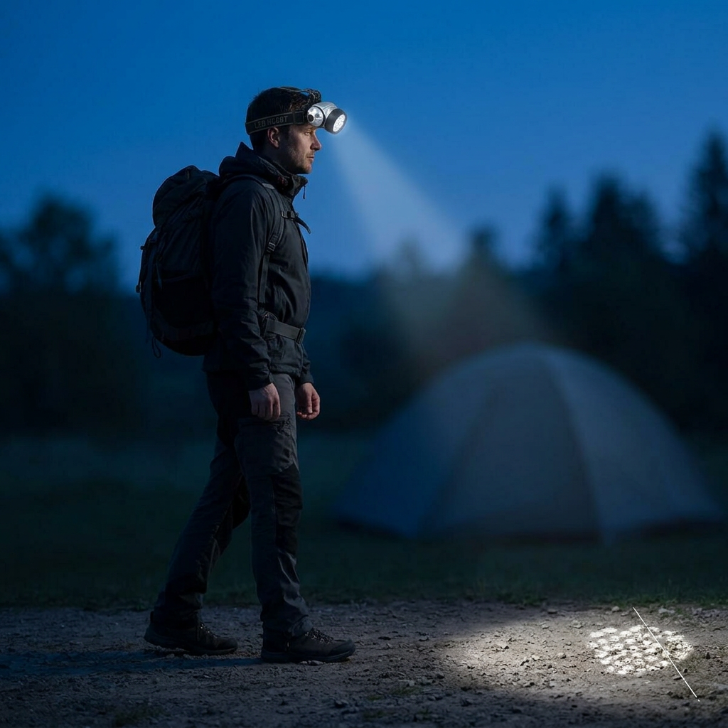 Side-on camping scene with light aligned to the headlamp