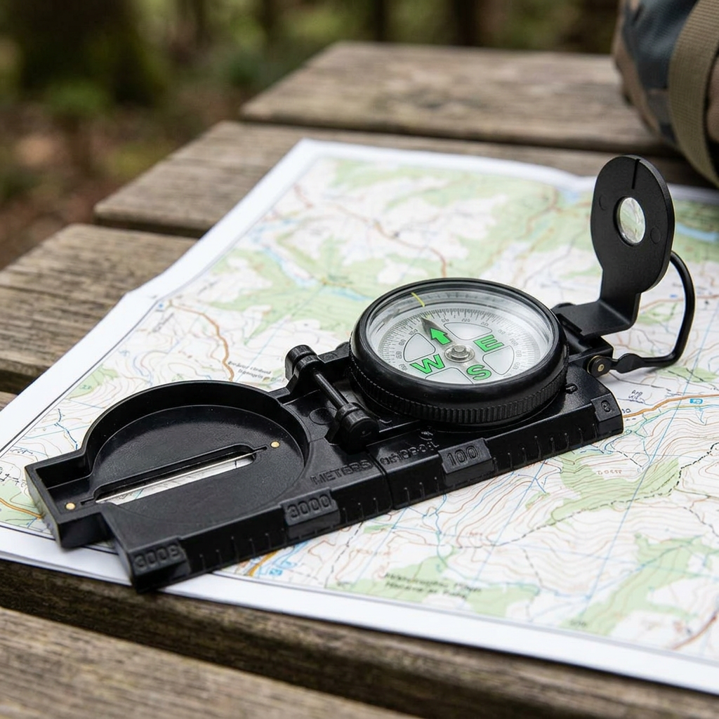 Sighting compass on a hiking map on an outdoor wooden table
