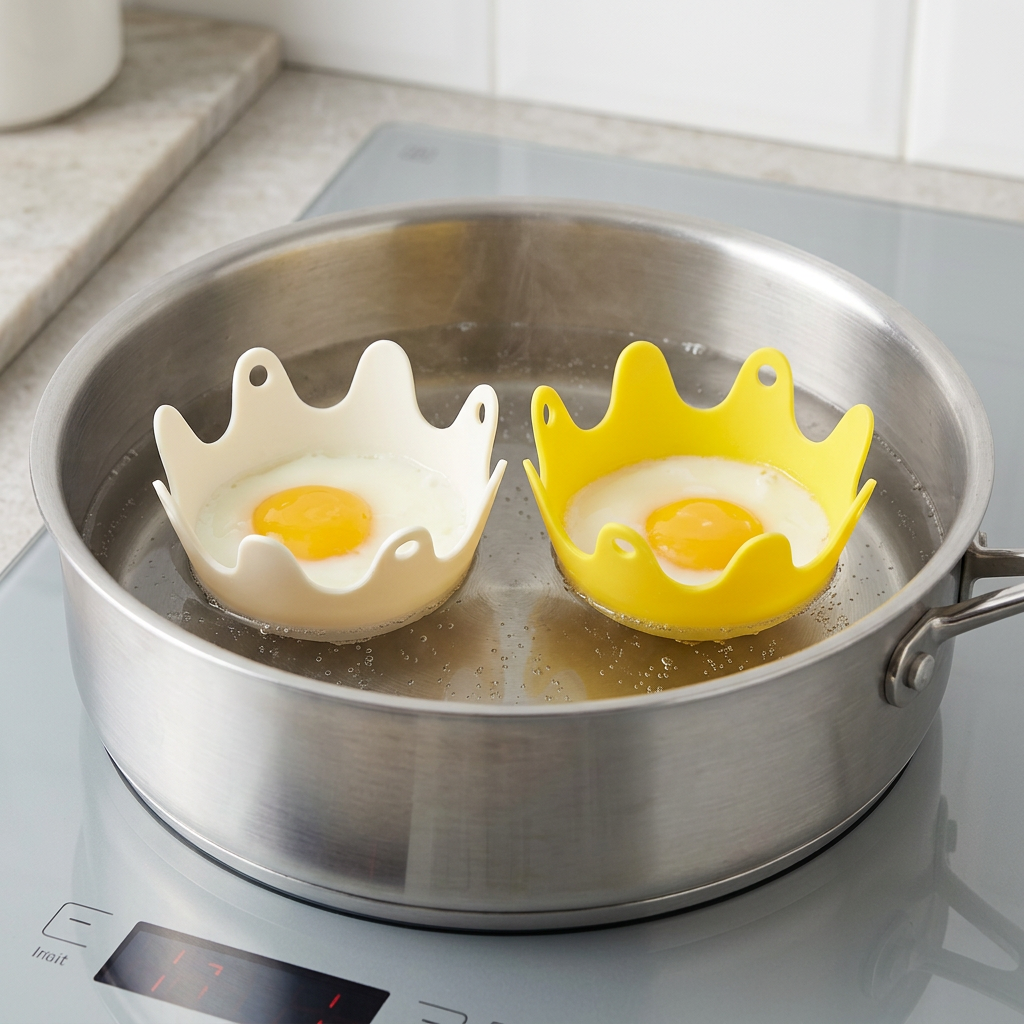 Silicone egg poachers floating in a saucepan