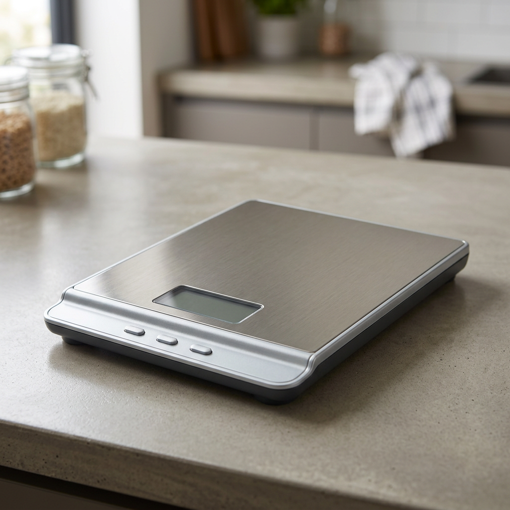 Silver digital kitchen scales on a kitchen worktop