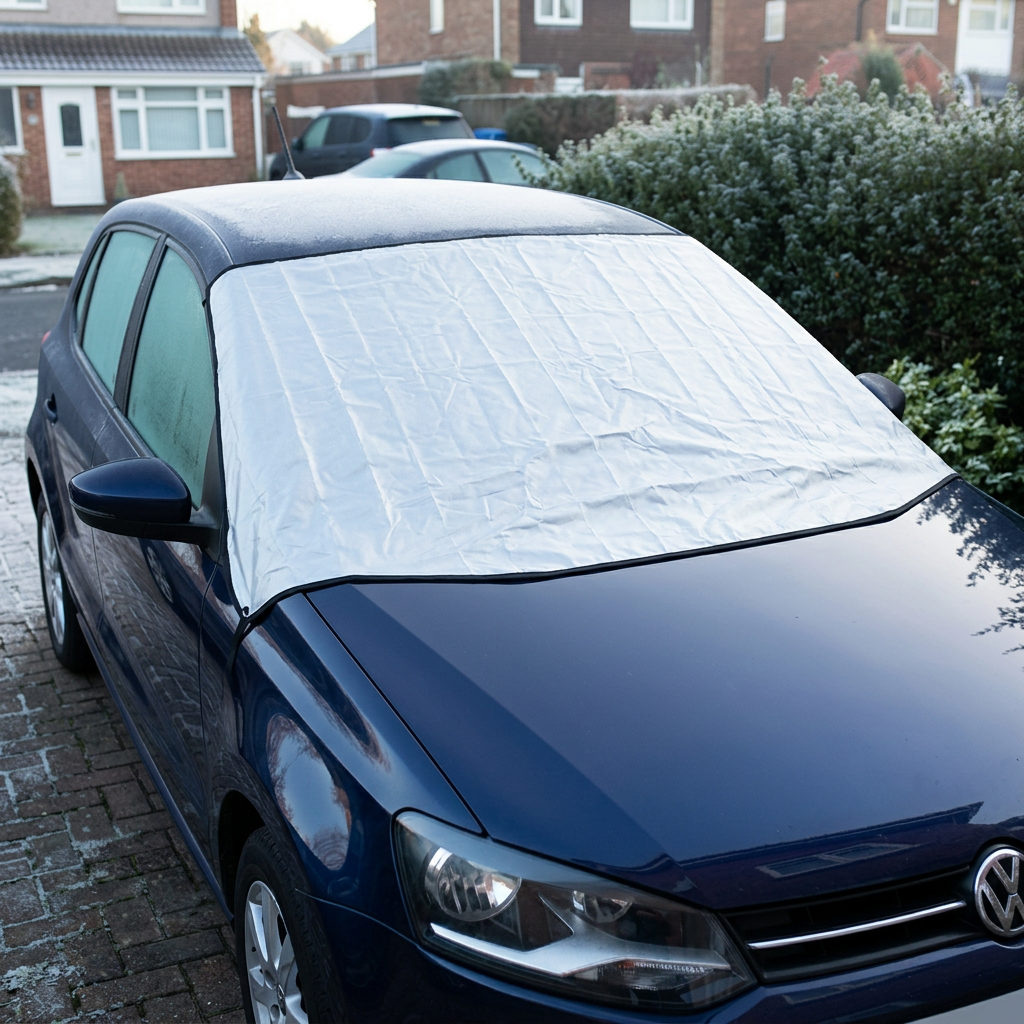 Silver windscreen cover fitted on a dark-blue hatchback