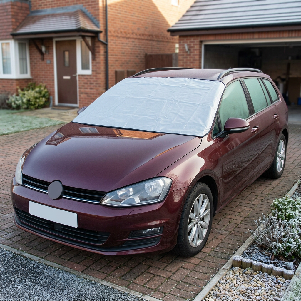 Silver windscreen cover on a burgundy estate car on a residential driveway