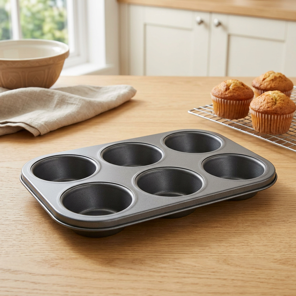 Six-hole muffin tin in a kitchen baking setting