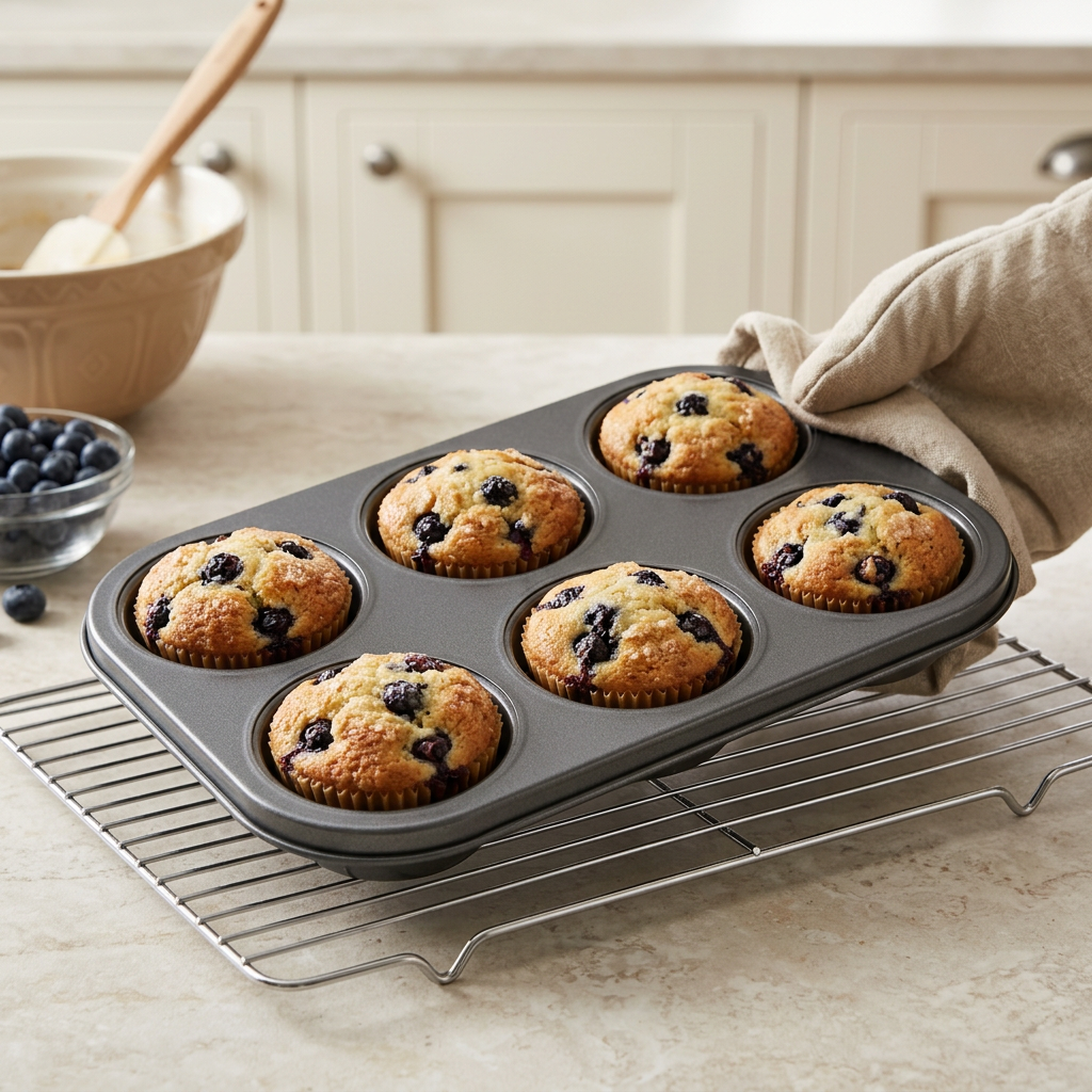 Six-hole muffin tin in use with freshly baked blueberry muffins