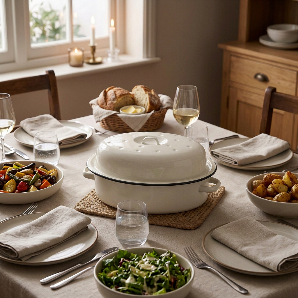 Smaller 27 cm enamel roaster at the centre of a set dinner table