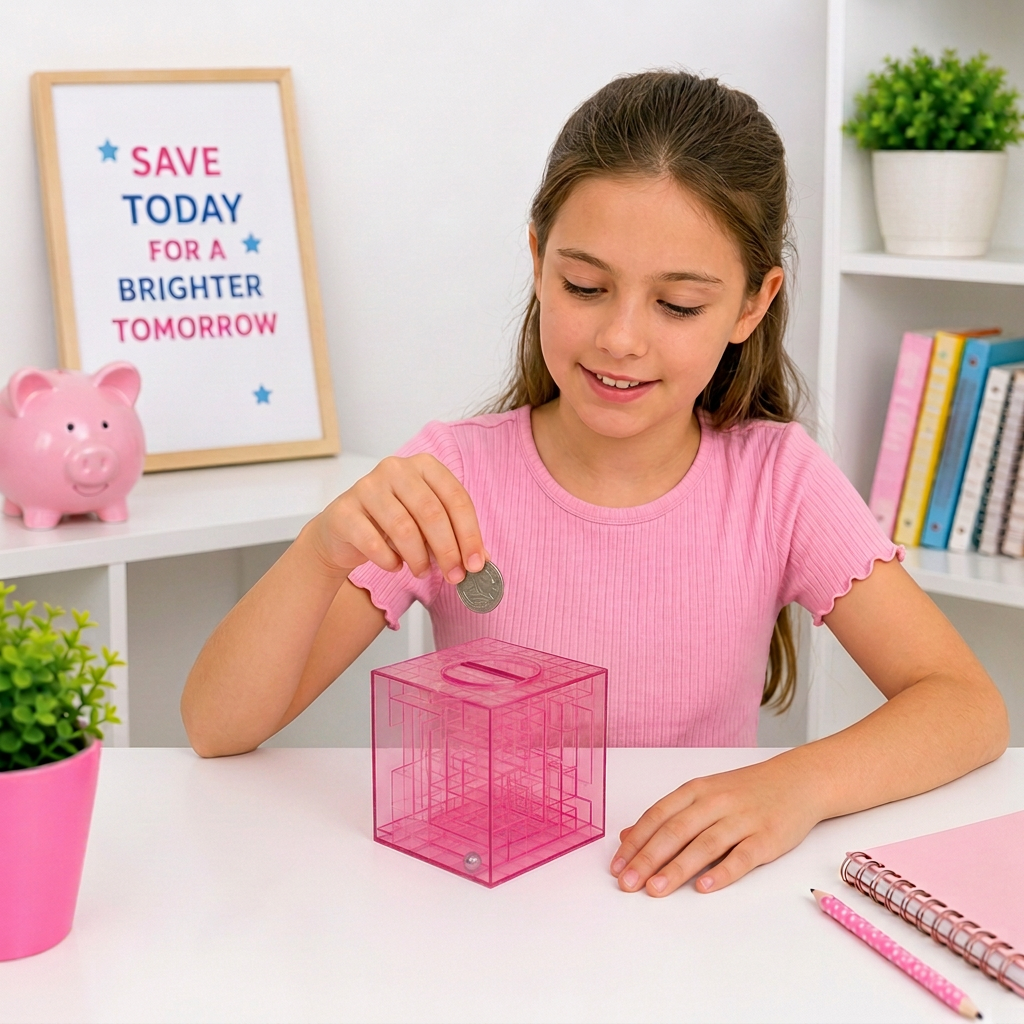 Smaller pink money maze beside the preteen’s hands