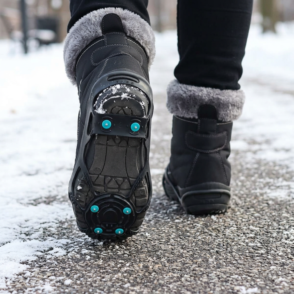 Snow and ice shoe grips worn on a snowy path
