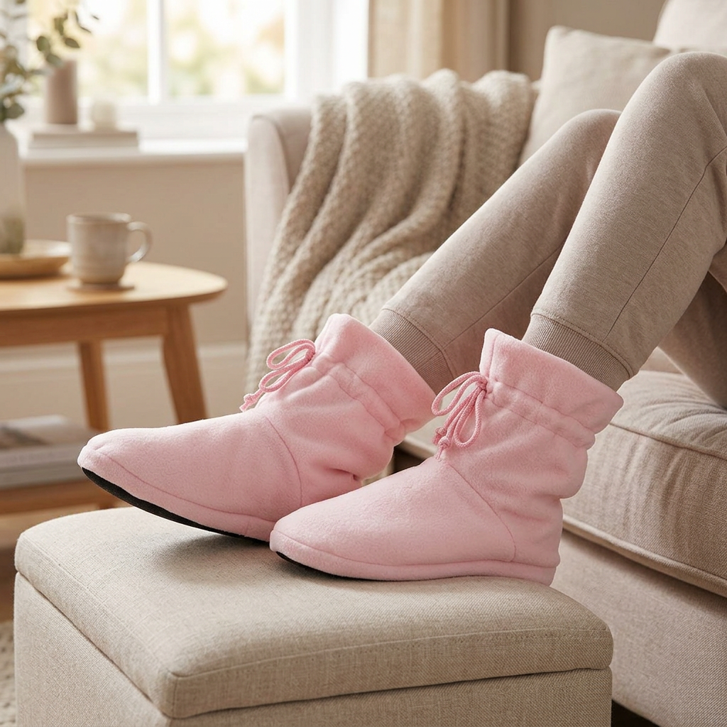 Snuggle Bootees worn while relaxing at home