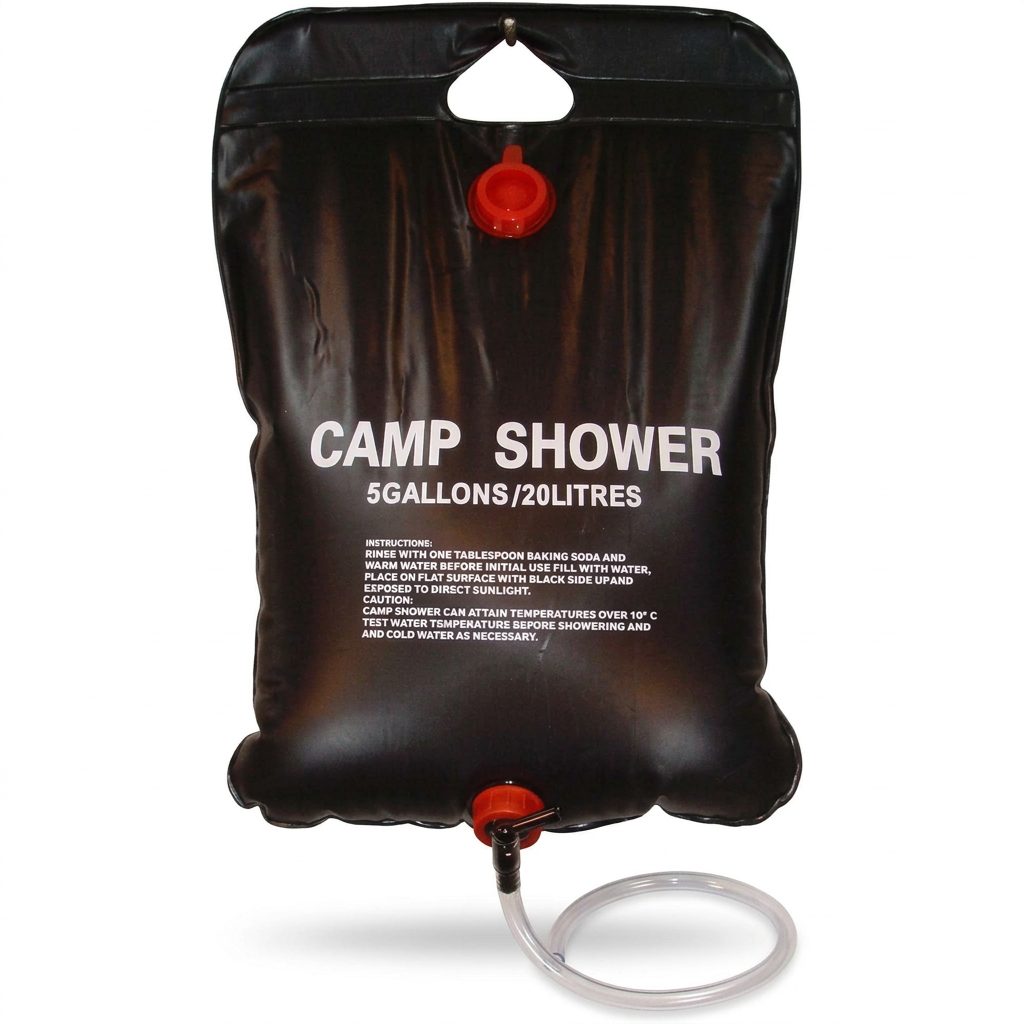 Solar camping shower bag on white