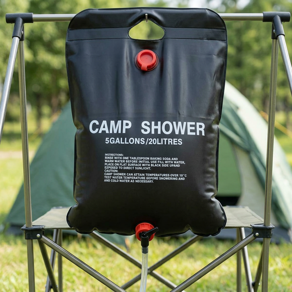 Solar camping shower hanging at a campsite