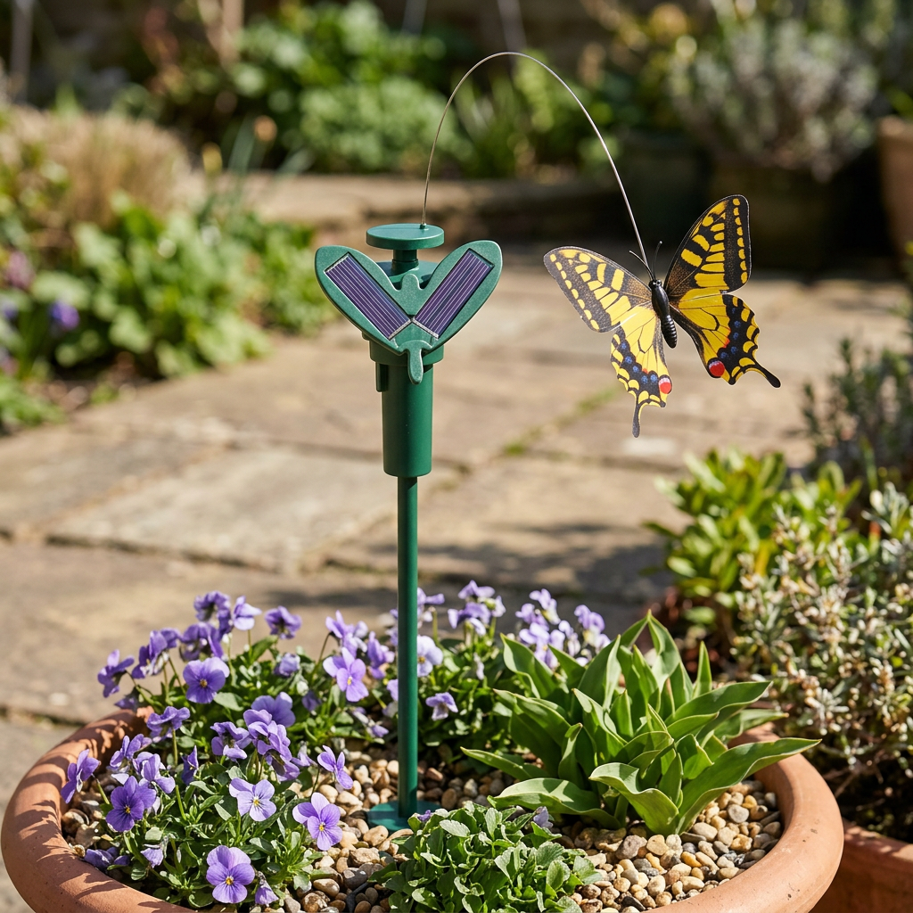 Solar fluttering butterfly in a patio planter