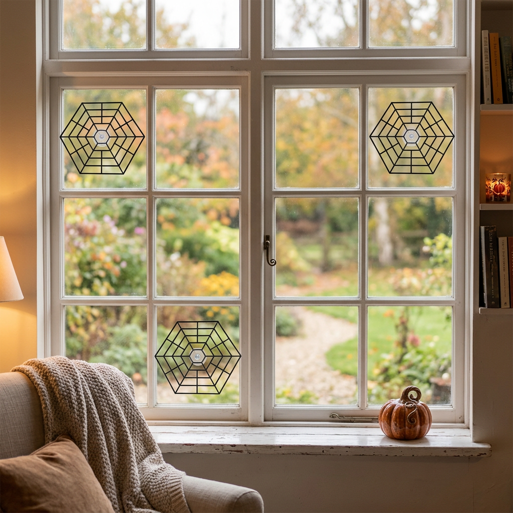 Spider web decorations on a home window