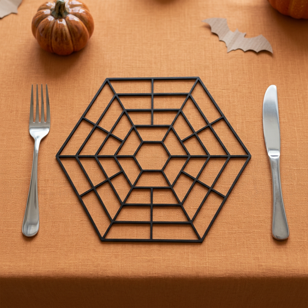 Spider web placemat in a Halloween table setting
