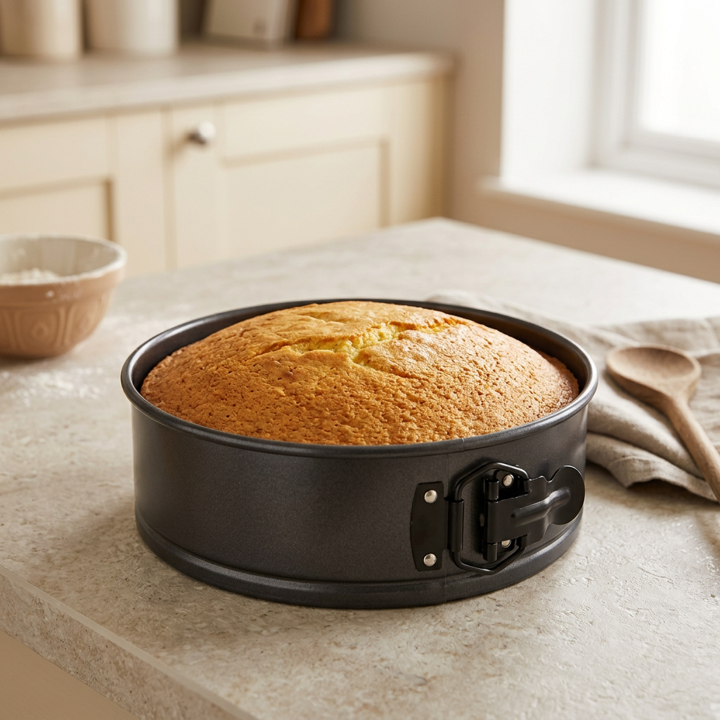 Springform cake pan containing a golden sponge cake in a kitchen