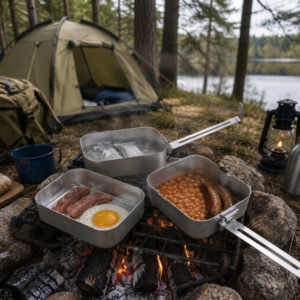 Square camping mess tins cooking over a campfire