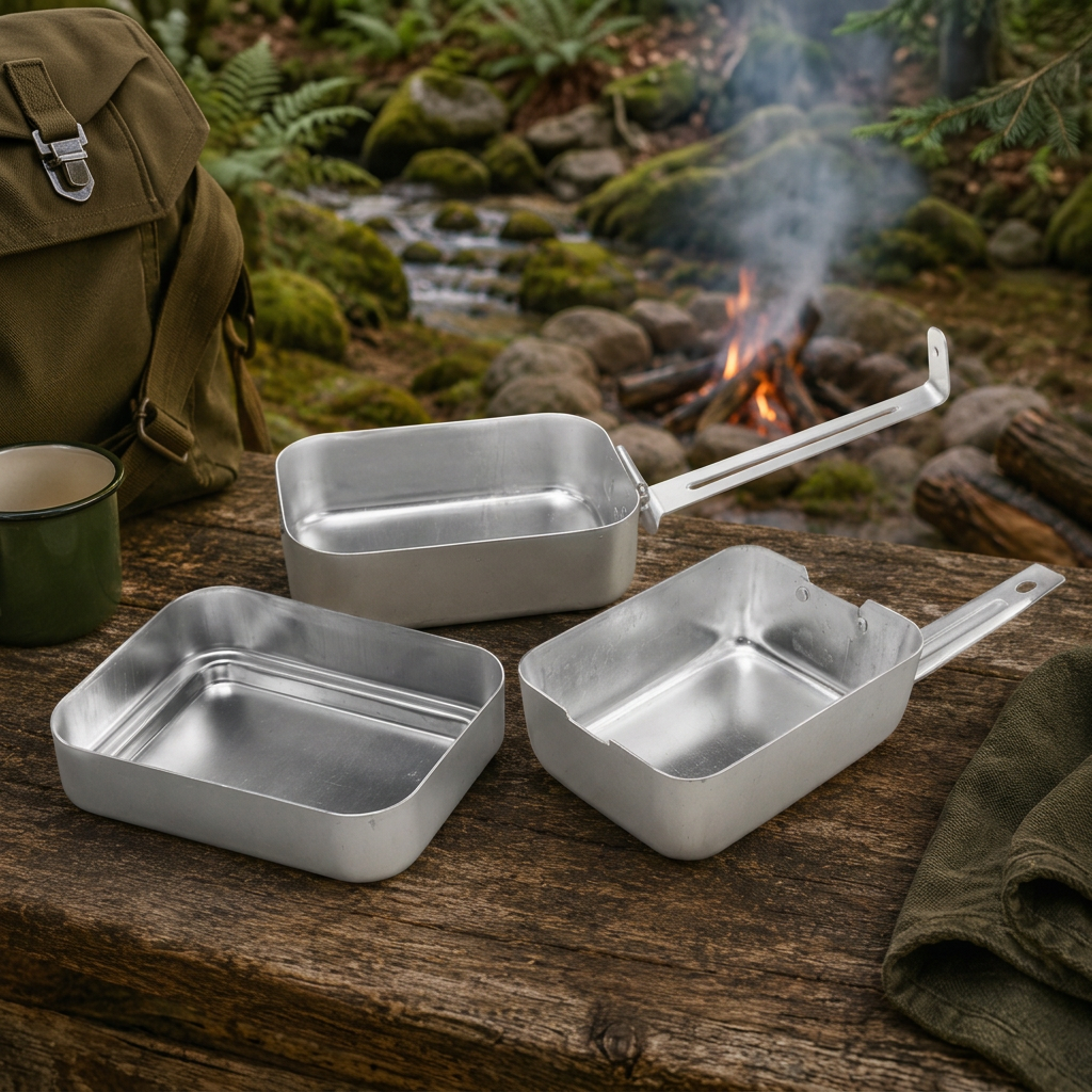 Square camping mess tins on a wooden surface