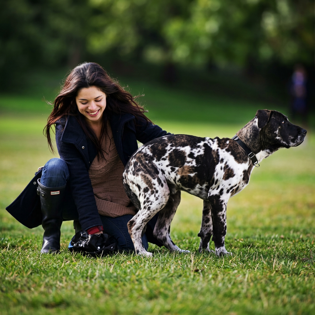 Square dog-walking lifestyle image in a park