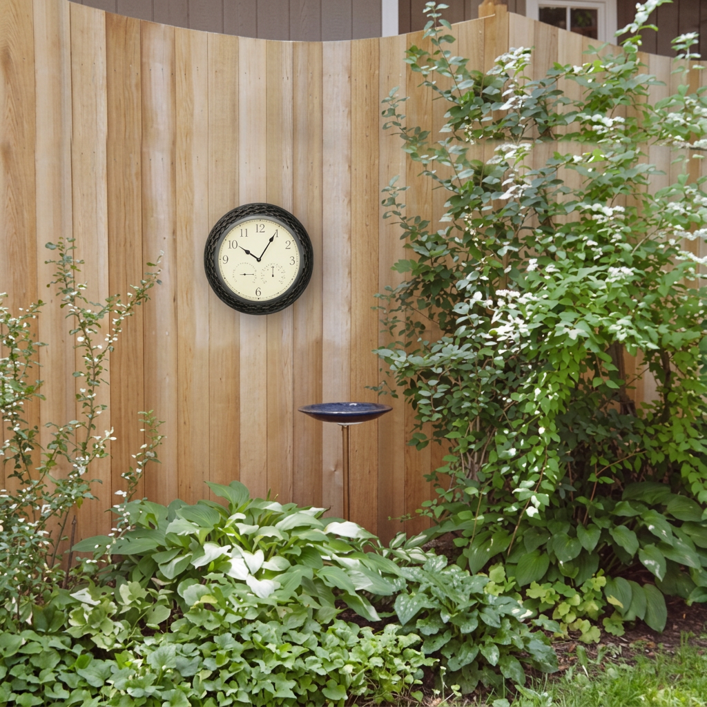 Square garden clock image with an edge-to-edge garden background